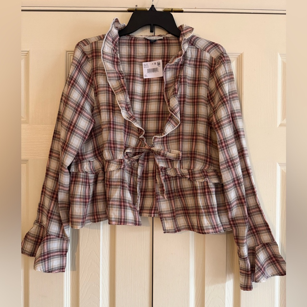 American Eagle Outfitters Plaid Ruffle Tie-Front Top in Cream, Brown & Red